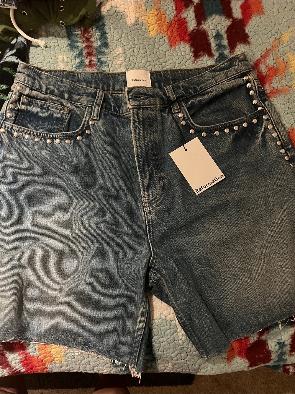 Reformation Blue Stud-Trim Denim Shorts